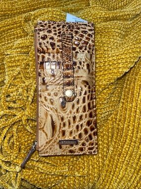Brahmin Croc-Embossed Zip Wallet in Tan and Brown